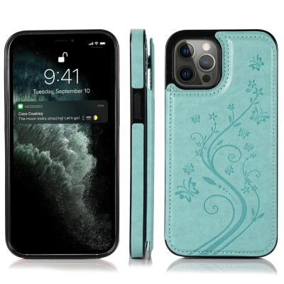 For iPhone 13 Pro Luxury Side Magnetic Button Card ID Holder PU Leather Case Cover - Teal Butterfly Swirl
