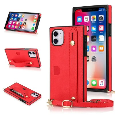 For iPhone 13 Pro Luxury Vertical Magnetic Button Card ID Holder PU Leather Case Cover - Red