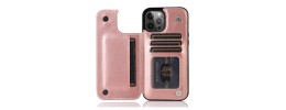 For iPhone 13 Pro Luxury Vertical Magnetic Button Card ID Holder PU Leather Case Cover - Rose Gold