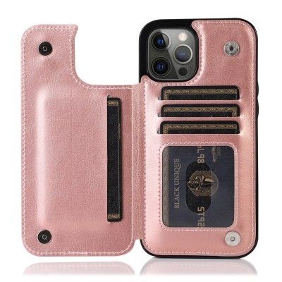 For iPhone 13 Pro Luxury Vertical Magnetic Button Card ID Holder PU Leather Case Cover - Rose Gold