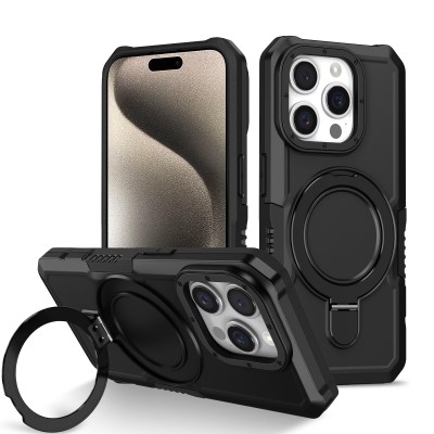 For iPhone 13 Pro Magnetic Ring Stand Simplistic Tough Hybrid Case Cover - Black