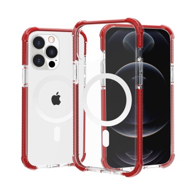 For iPhone 13 Pro Max Acrylic [Magnetic Circle] Tough 2.5mm Transparent ShockProof Hybrid - Red