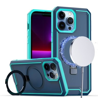 For iPhone 13 Pro Max Aligned [Magnetic Circle] Kickstand Tough Strong ShockProof Hybrid - Blue