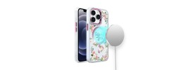 For iPhone 13 Pro Max Beautiful Floral [Magnetic Circle] ShockProof Transparent Hybrid Design - C