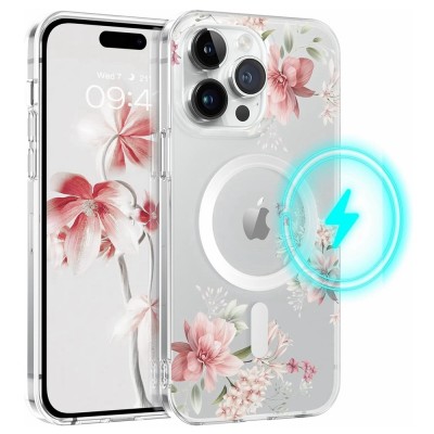 For iPhone 13 Pro Max Beautiful Floral [Magnetic Circle] ShockProof Transparent Hybrid Design - J