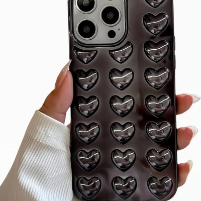 For iPhone 13 Pro Max Card Holder Passion Square Chromed Heart Ornaments PU Leather Case Cover - Black