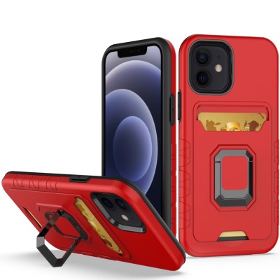 For iPhone 13 Pro Max Card Holder with Magnetic Ring Stand Hybrid Case Cover - Red