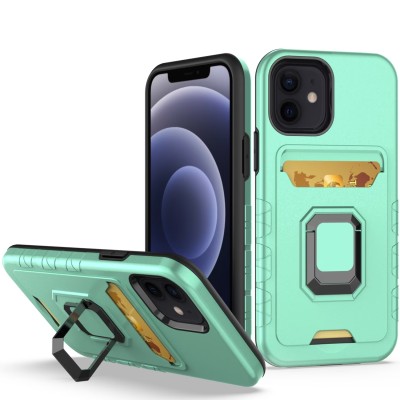 For iPhone 13 Pro Max Card Holder with Magnetic Ring Stand Hybrid Case Cover - TEAL