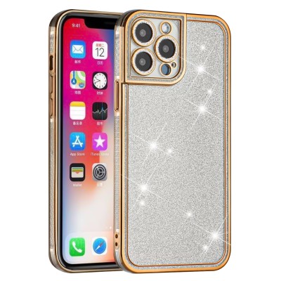 For iPhone 13 Pro Max Chromed Edge Glitter Star TPU Thick Cover Case - Rose Gold