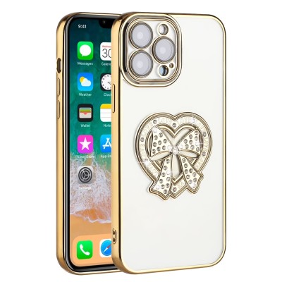 For iPhone 13 Pro Max Chromed Logo Bling Glitter Ornaments Transparent Hybrid Case Cover - BowKnot Rose Gold