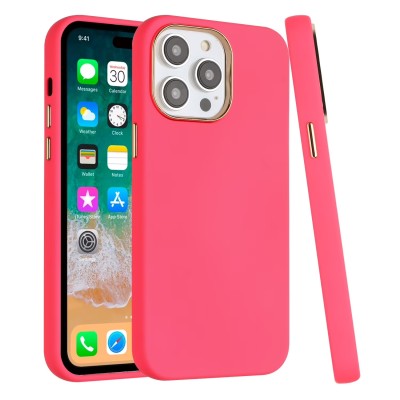 For iPhone 13 Pro Max Classy Slick Chromed Around Hybrid Case Cover - Hot Pink