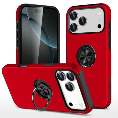 For iPhone 13 Pro Max Complete Magnetic Metal Ring Stand Camera Protection Hybrid - Red