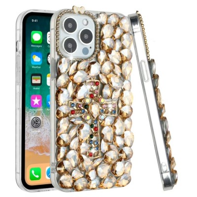 For iPhone 13 Pro Max Cross Full Diamond Bling Case Cover - Gold