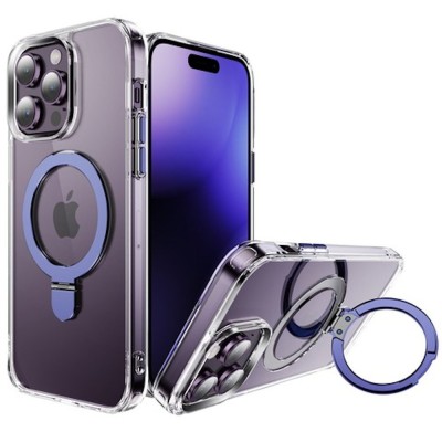 For iPhone 13 Pro Max Dazzle [Magnetic Circle] Kickstand Alloy Chrome Transparent Hybrid - Dark Purple