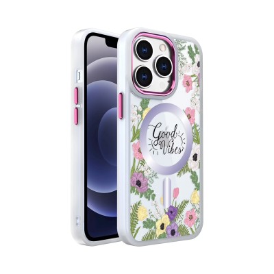 For iPhone 13 Pro Max Design Quotation [Magnetic Circle] Transparent Shockproof Hybrid - Floral D