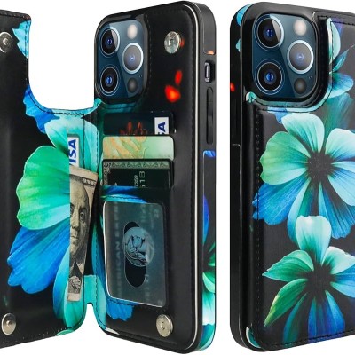For iPhone 13 Pro Max Design Wallet ID Credit Card Money Holder with Magnetic Metal Closure including Lanyard - Blue Floral