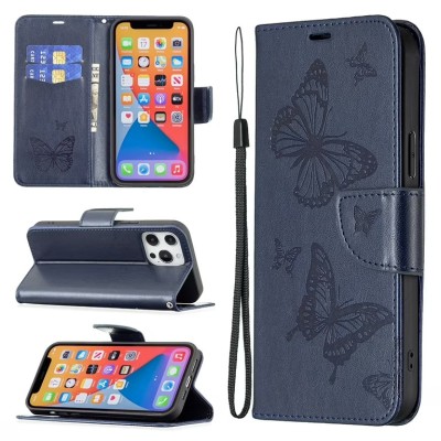 For iPhone 13 Pro Max Design Wallet ID Credit Card Money Holder with Magnetic Metal Closure including Lanyard - Colorful Butterflies