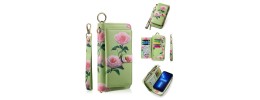 For iPhone 13 Pro Max Design Wallet ID Credit Card Money Holder with Magnetic Metal Closure including Lanyard - Green Floral