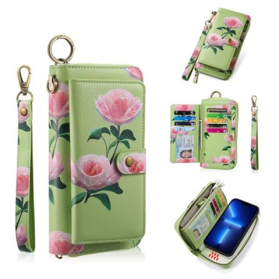For iPhone 13 Pro Max Design Wallet ID Credit Card Money Holder with Magnetic Metal Closure including Lanyard - Green Floral