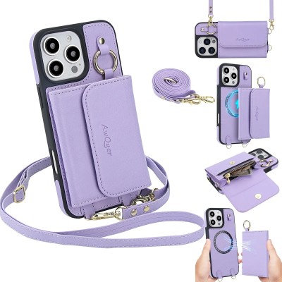For iPhone 13 Pro Max Design Wallet ID Credit Card Money Holder with Magnetic Metal Closure including Lanyard - Purple Lily