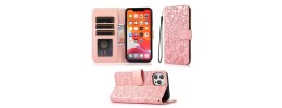 For iPhone 13 Pro Max Design Wallet ID Credit Card Money Holder with Magnetic Metal Closure including Lanyard - Romantic Pink White Roses Floral
