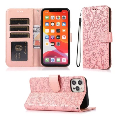 For iPhone 13 Pro Max Design Wallet ID Credit Card Money Holder with Magnetic Metal Closure including Lanyard - Romantic Pink White Roses Floral