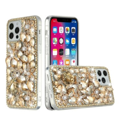 For iPhone 13 Pro Max Diamond Bling Design Wallet With Lanyard Cover Case - Floral Garden