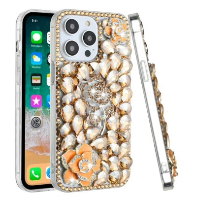 For iPhone 13 Pro Max Diamond Bling Design Wallet With Lanyard Cover Case - Fashion Floral