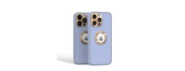 For iPhone 13 Pro Max Disc Chrome Circle With Chromed Tempered Glass Screen Protector PU UV Leather Case - Light Blue