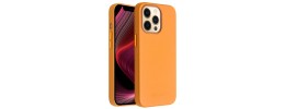 For iPhone 13 Pro Max Disc Chrome Circle With Chromed Tempered Glass Screen Protector PU UV Leather Case - Orange