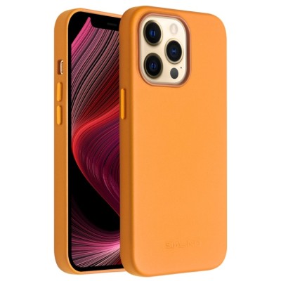 For iPhone 13 Pro Max Disc Chrome Circle With Chromed Tempered Glass Screen Protector PU UV Leather Case - Orange