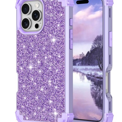 For iPhone 13 Pro Max Disc Chrome Circle With Chromed Tempered Glass Screen Protector PU UV Leather Case - Purple