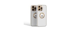 For iPhone 13 Pro Max Disc Chrome Circle With Chromed Tempered Glass Screen Protector PU UV Leather Case - White