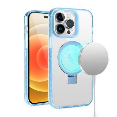 For iPhone 13 Pro Max Dotted Edged Line Transparent HQ Magnetic Ring Stand Hybrid - Light Blue