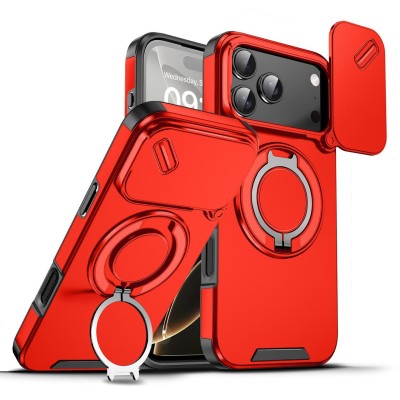 For iPhone 13 Pro Max ELITE Camera Push Magnetic Ring Stand Hybrid Case Cover - Red