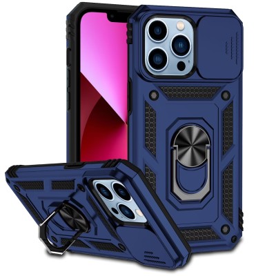 For iPhone 13 Pro Max Easy Viewing Kickstand Camera Protection Hybrid Case Cover - Blue