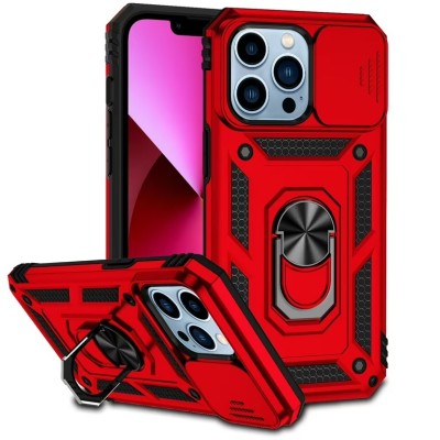 For iPhone 13 Pro Max Easy Viewing Kickstand Camera Protection Hybrid Case Cover - Red