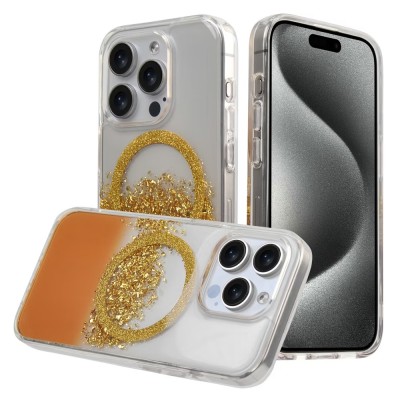 For iPhone 13 Pro Max Epoxy Glitter [Magnetic Circle] ShockProof Hybrid 2.5mm Thick - Gold