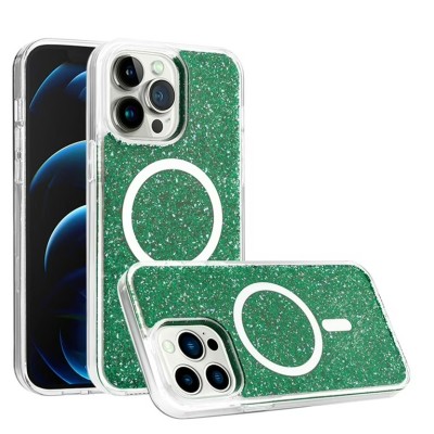 For iPhone 13 Pro Max Epoxy Glitter [Magnetic Circle] ShockProof Hybrid 2.5mm Thick - Green