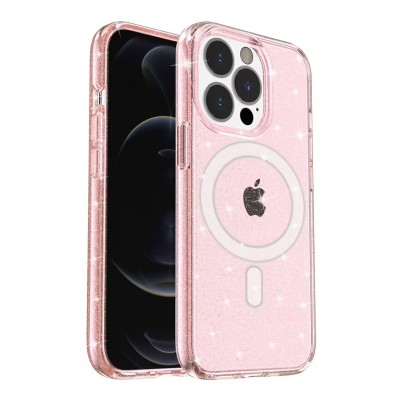 For iPhone 13 Pro Max Epoxy Glitter [Magnetic Circle] ShockProof Hybrid 2.5mm Thick - Hot Pink