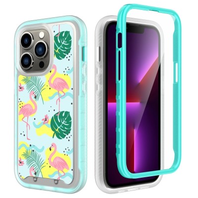 For iPhone 13 Pro Max Exotic ShockProof Design Hybrid Case Cover - Floral Flamingo