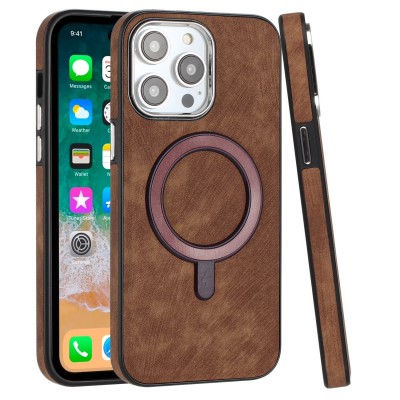 For iPhone 13 Pro Max Fashion Chrome Edged Camera [Magnetic Circle] PU Leather Hybrid - Brown