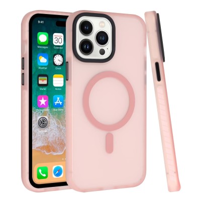 For iPhone 13 Pro Max Fashion Chrome Edged Camera [Magnetic Circle] PU Leather Hybrid - Pink