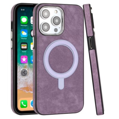 For iPhone 13 Pro Max Fashion Chrome Edged Camera [Magnetic Circle] PU Leather Hybrid - Purple
