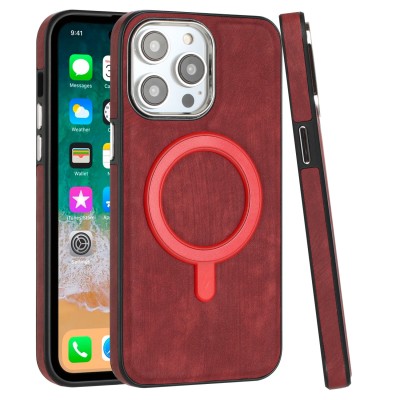 For iPhone 13 Pro Max Fashion Chrome Edged Camera [Magnetic Circle] PU Leather Hybrid - Red