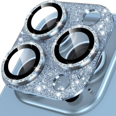 For iPhone 13 Pro Max Flashy Diamond Leather Sticked On Hybrid with Chrome Camera Edge - White