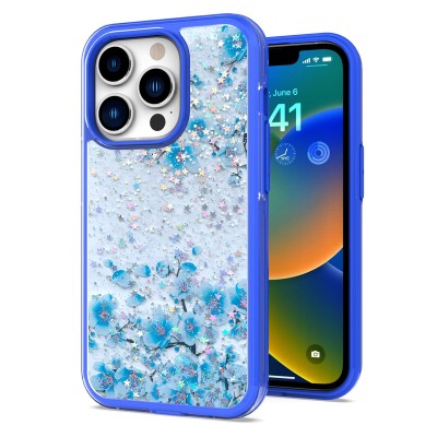 For iPhone 13 Pro Max Floral Epoxy Glitter Colorful Frame Hybrid Case Cover - F