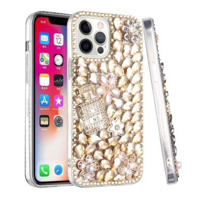 For iPhone 13 Pro Max Floral Full Diamond Bling Case Cover - Gold