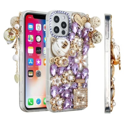 For iPhone 13 Pro Max Floral Full Diamond Bling Case Cover - Purple