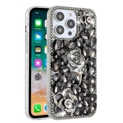 For iPhone 13 Pro Max Floral Full Diamond Bling Case Cover - Smoke